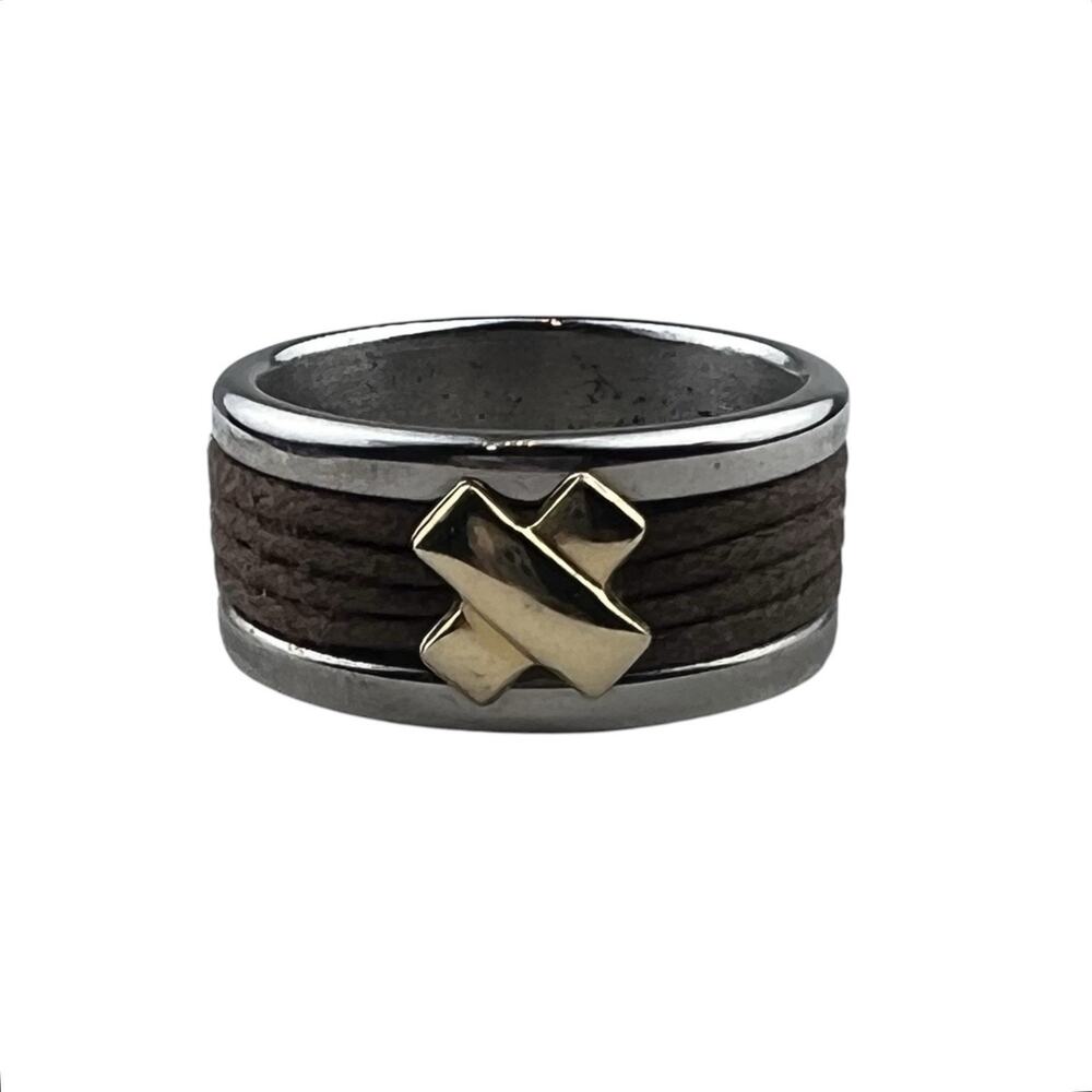 Stainless Steel & 14K Yellow Gold X Brown Cord Band Ring Size 8